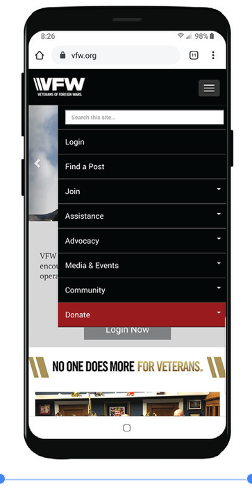 VFW mobile website menu showing the Login option
